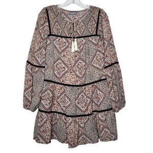 Hudson Gray Boho Tiered Keyhole Tassels Balloon Sleeves Mini Dress Size Small